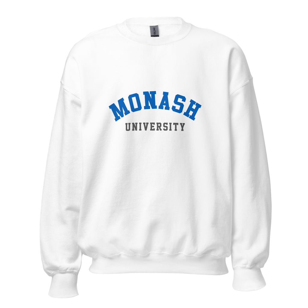 Unisex navy blue sweatshirt featuring Monash University logo printed across the front chest