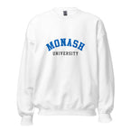 Unisex navy blue sweatshirt featuring Monash University logo printed across the front chest