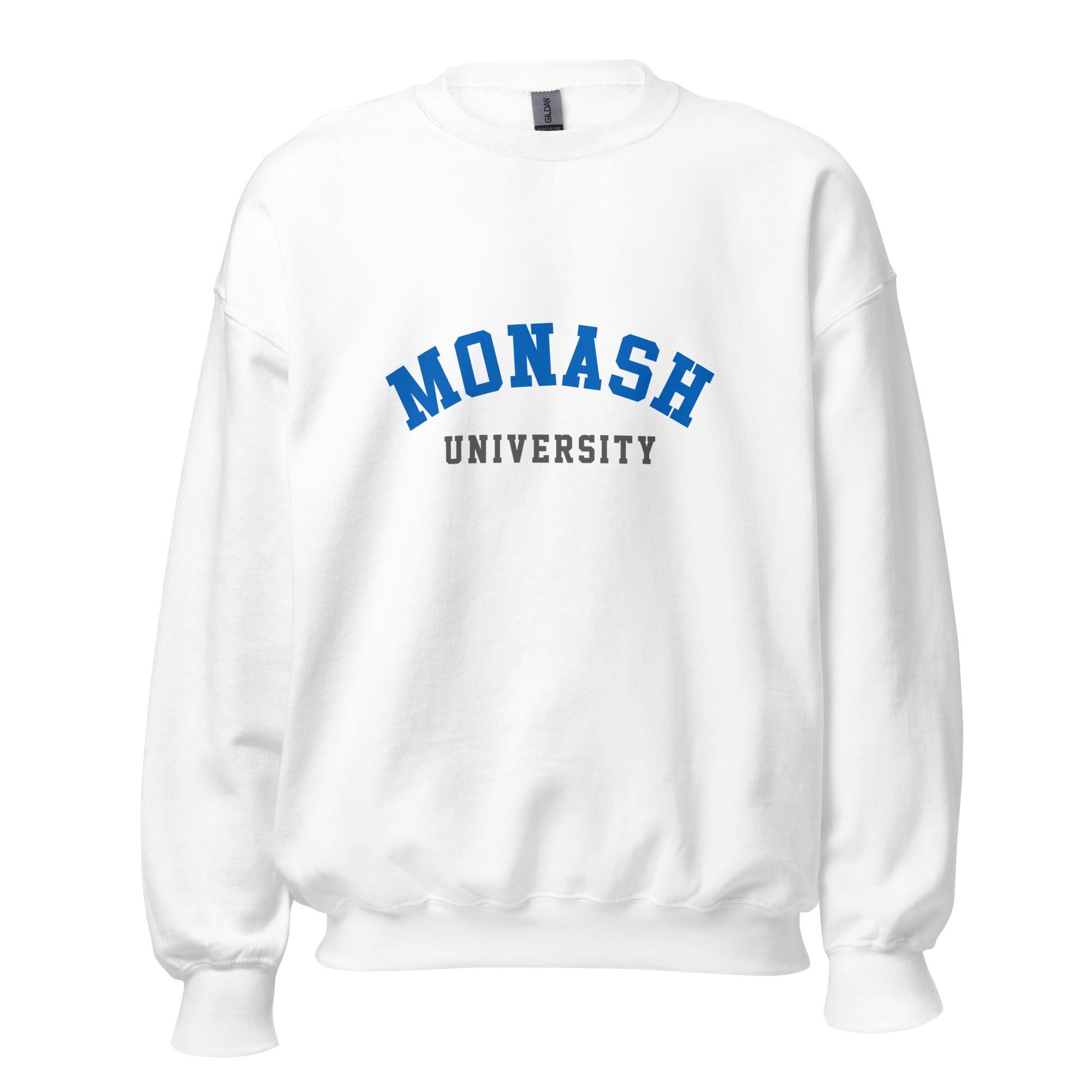Unisex navy blue sweatshirt featuring Monash University logo printed across the front chest
