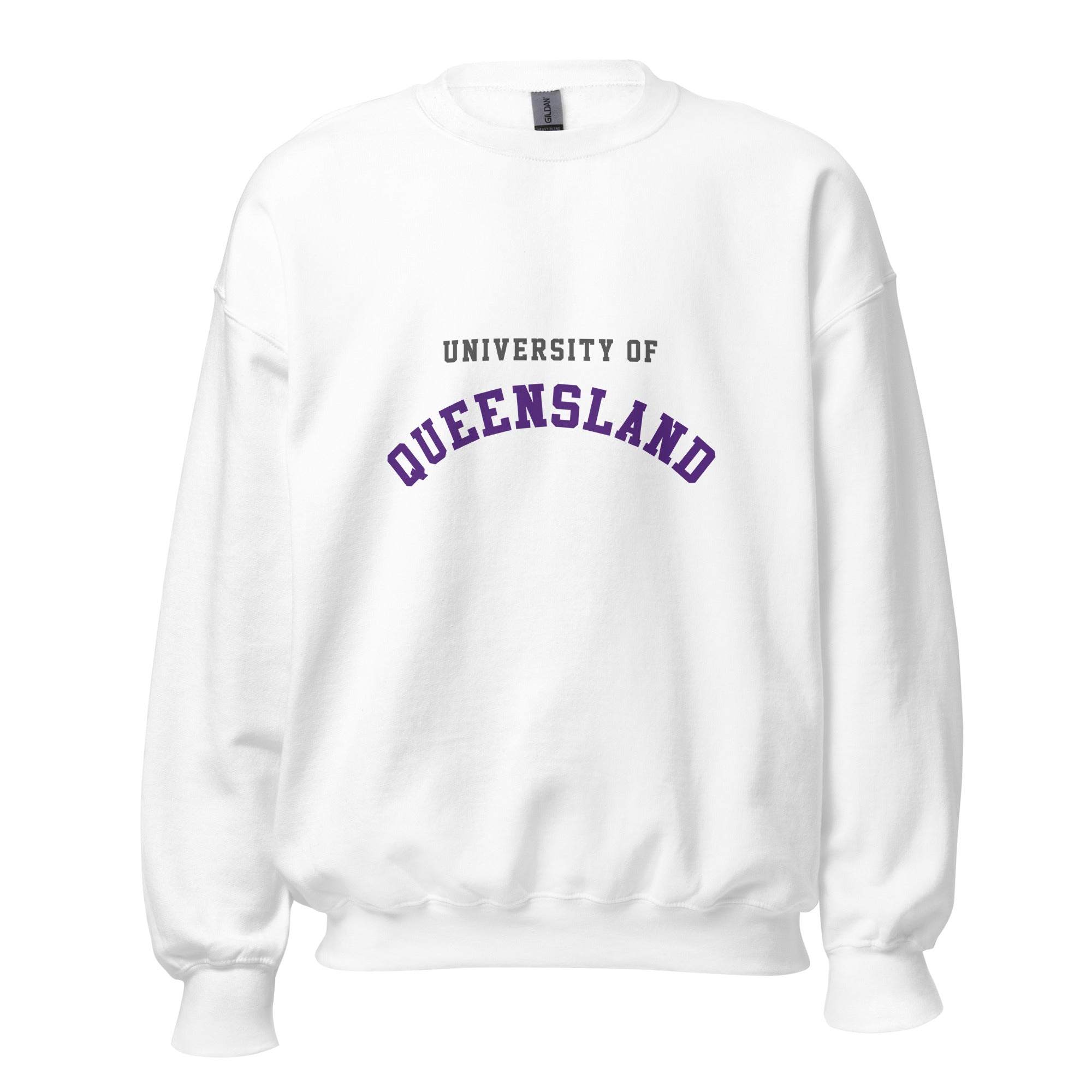 Unisex navy blue sweatshirt featuring University of Queensland logo printed across the front chest