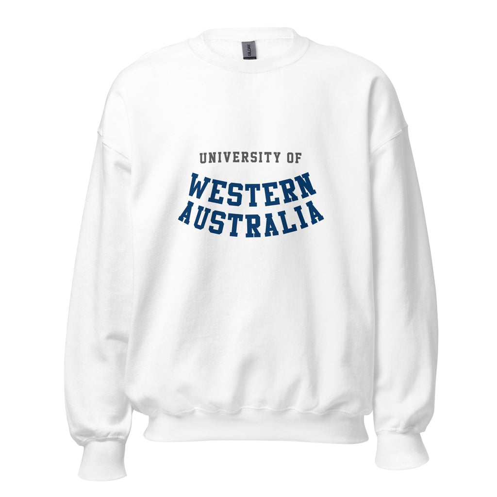 Unisex navy blue sweatshirt featuring University of Western Australia logo printed across the front chest