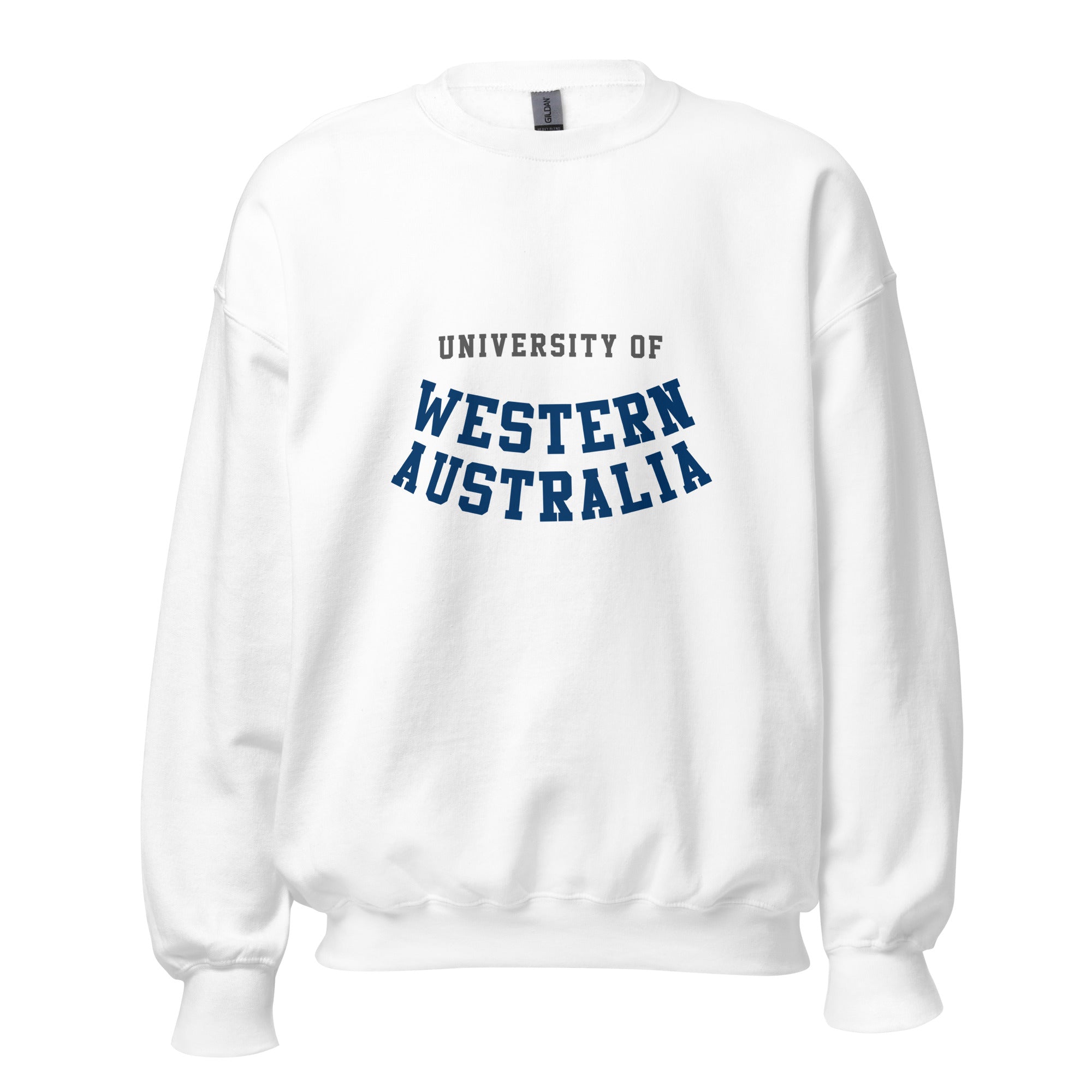 Unisex navy blue sweatshirt featuring University of Western Australia logo printed across the front chest