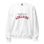 Unisex navy blue sweatshirt featuring University of Adelaide logo printed across the front chest