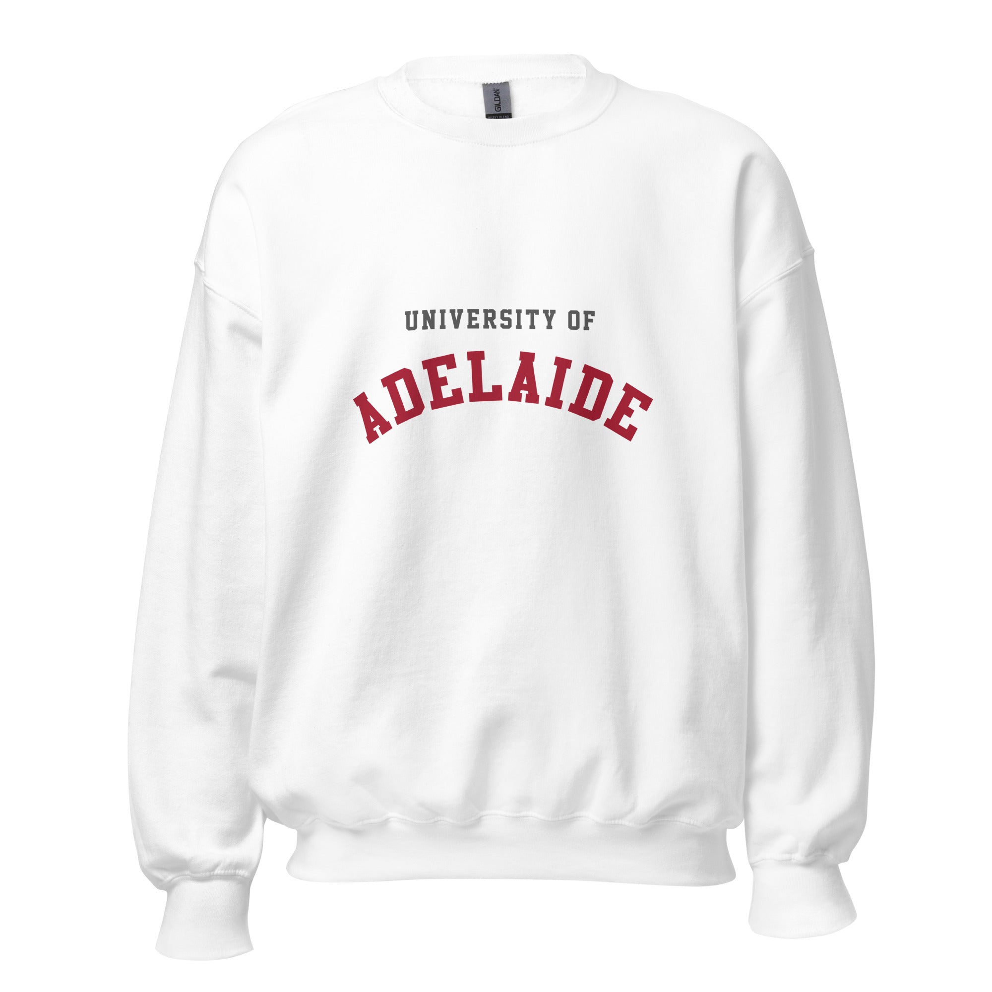 Unisex navy blue sweatshirt featuring University of Adelaide logo printed across the front chest