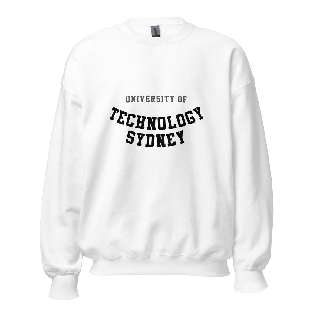 Unisex navy blue sweatshirt featuring University of Technology Sydney logo printed across the front chest