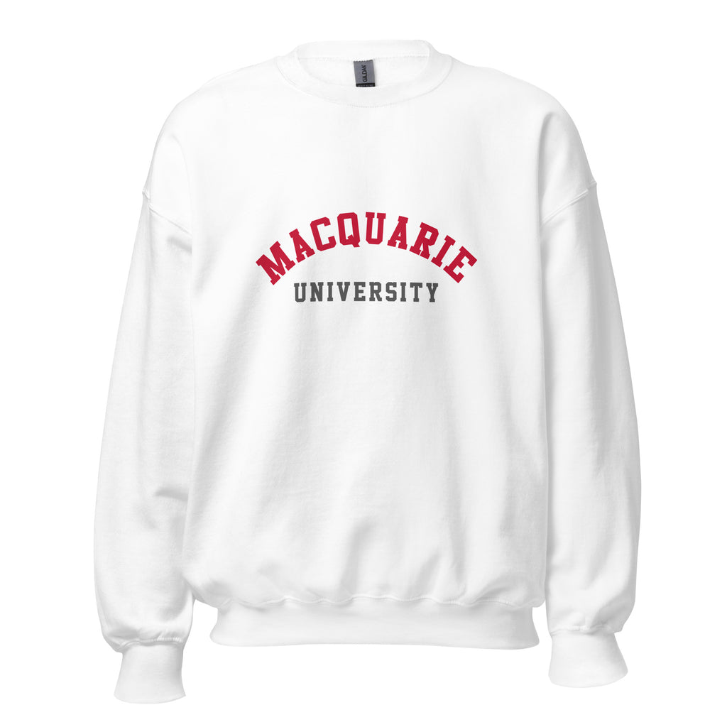 Unisex navy blue sweatshirt featuring Macquarie University logo printed across the front chest