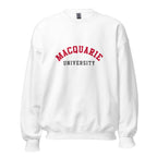 Unisex navy blue sweatshirt featuring Macquarie University logo printed across the front chest