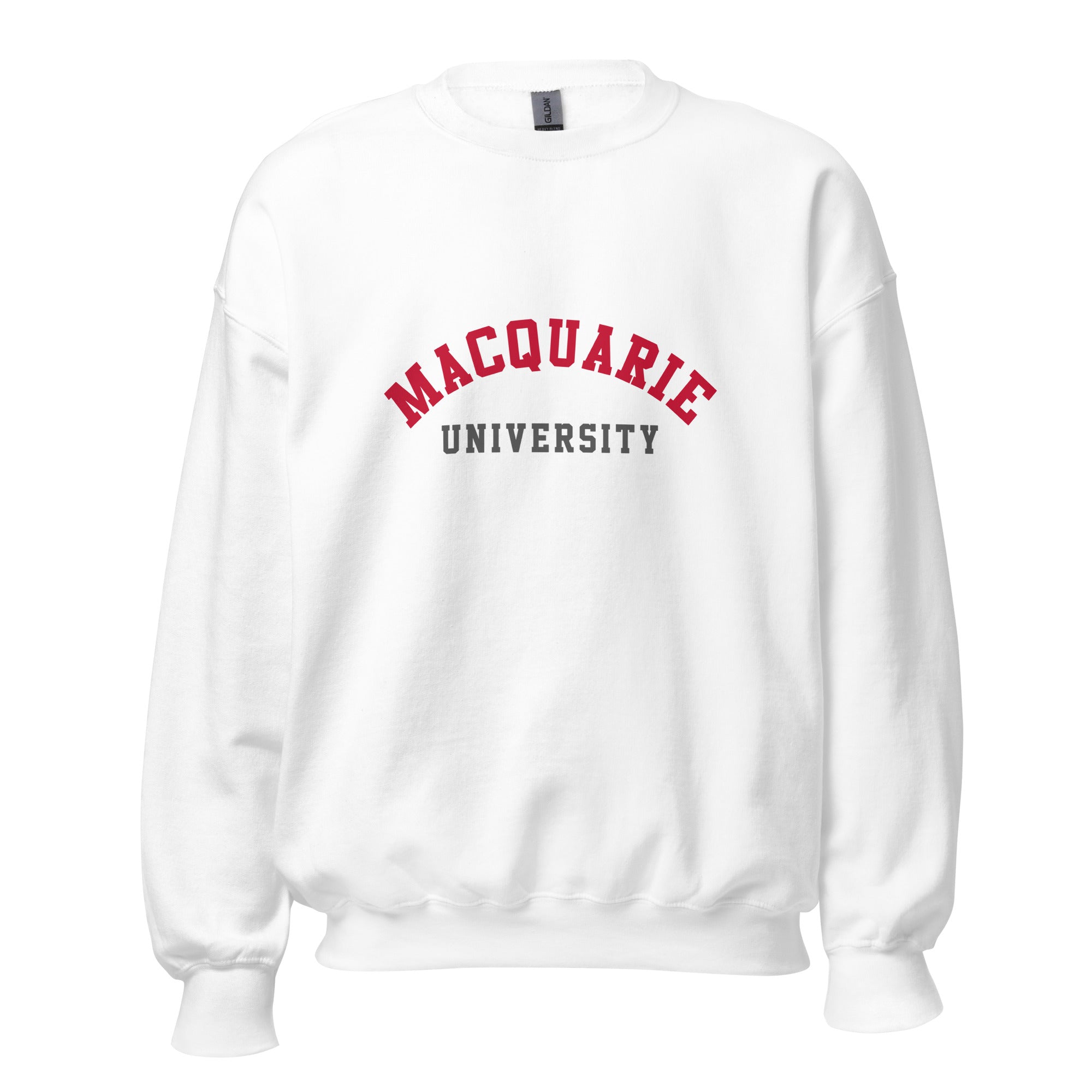 Unisex navy blue sweatshirt featuring Macquarie University logo printed across the front chest