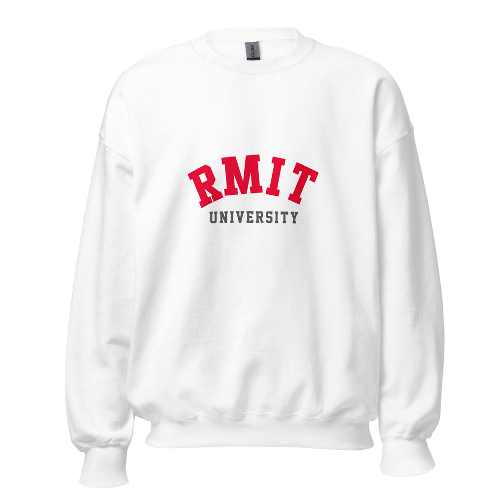Unisex navy blue sweatshirt featuring RMIT University logo printed across the front chest