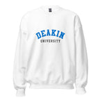 Unisex navy blue sweatshirt featuring Deakin University logo printed across the front chest