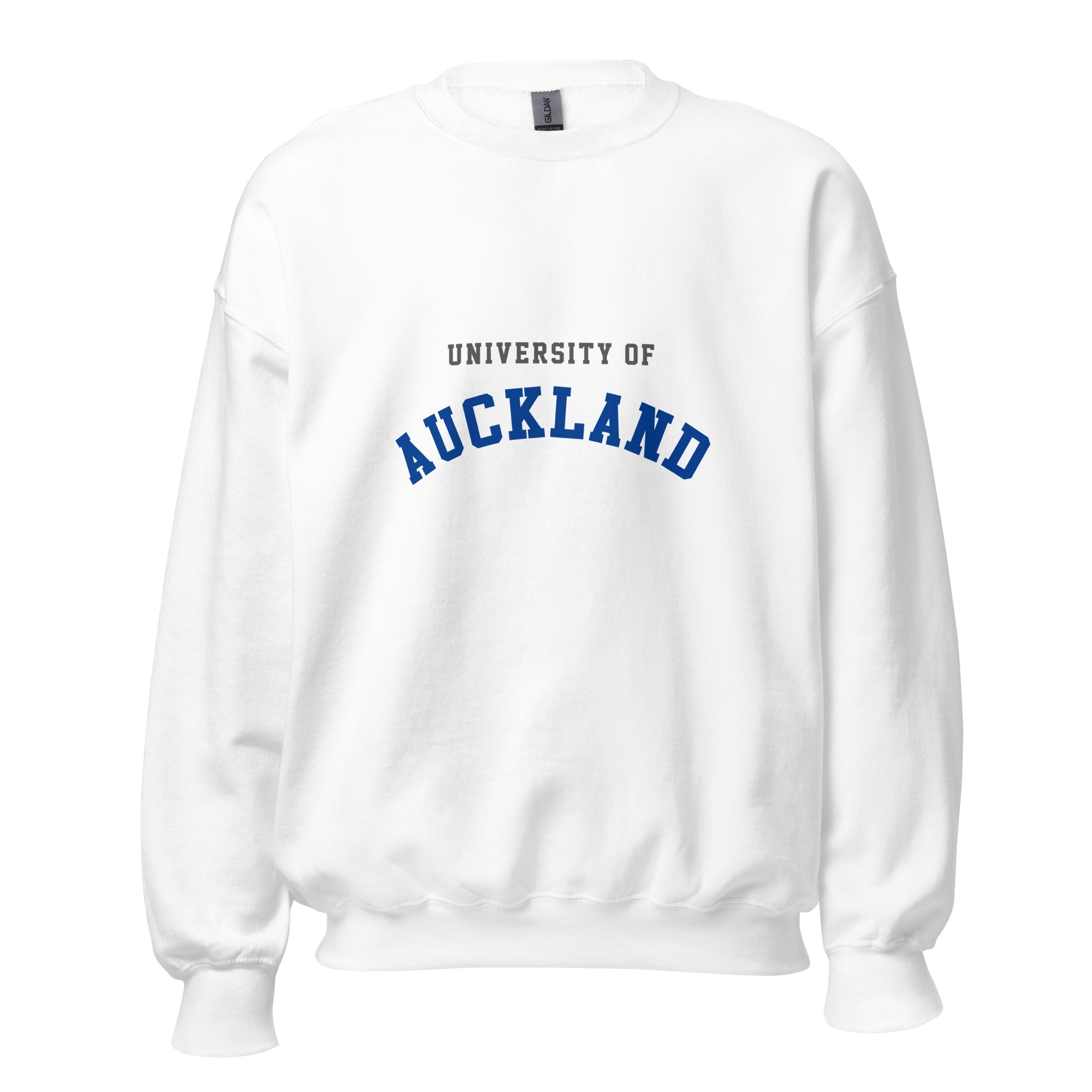 Unisex navy blue sweatshirt featuring University of Auckland logo printed across the front chest