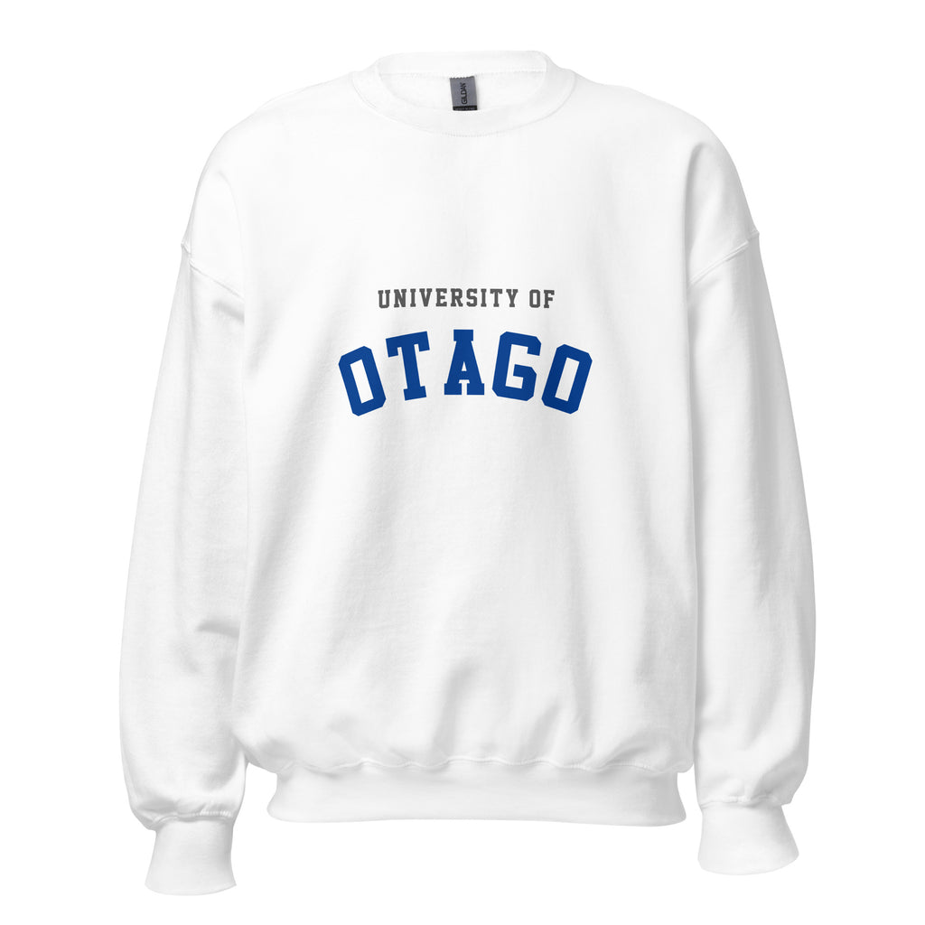 Unisex navy blue sweatshirt featuring University of Otago logo printed across the front chest