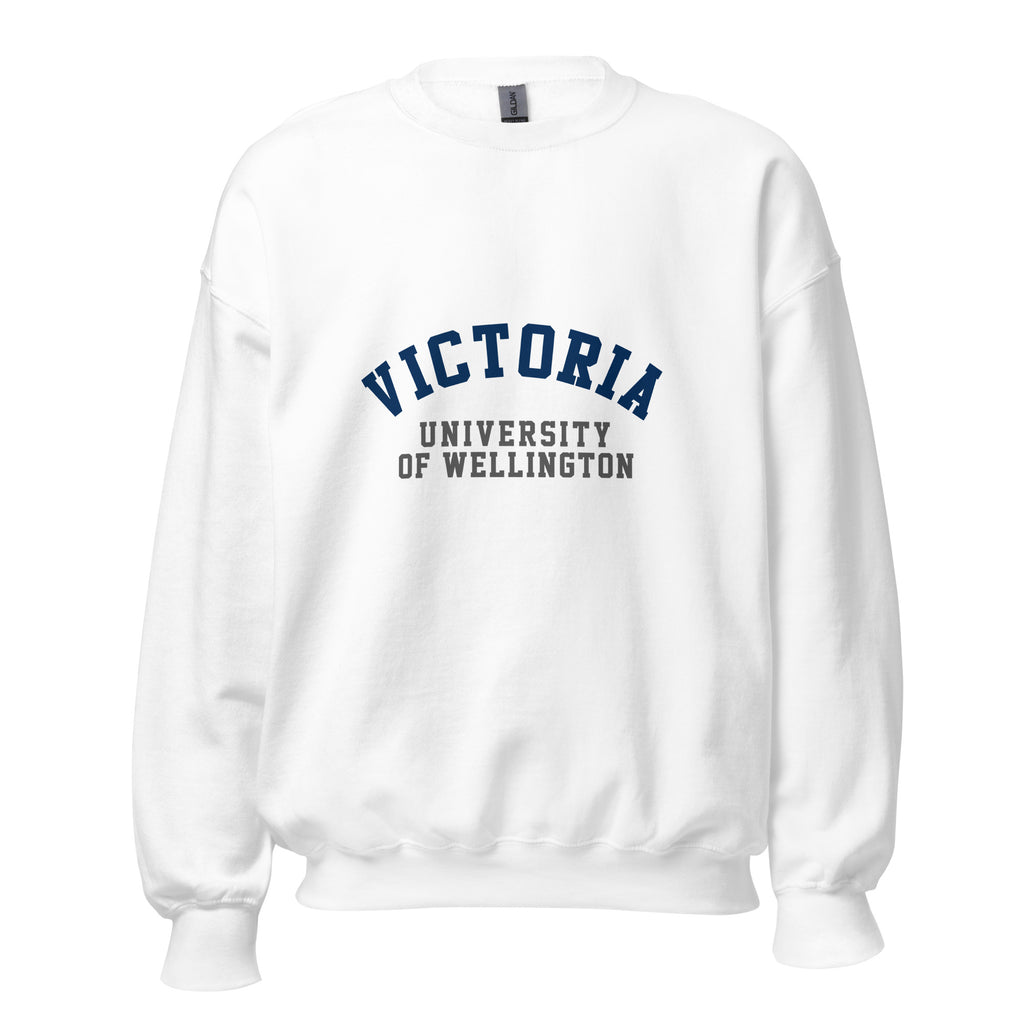 Unisex navy blue sweatshirt featuring Victoria University of Wellington logo printed across the front chest