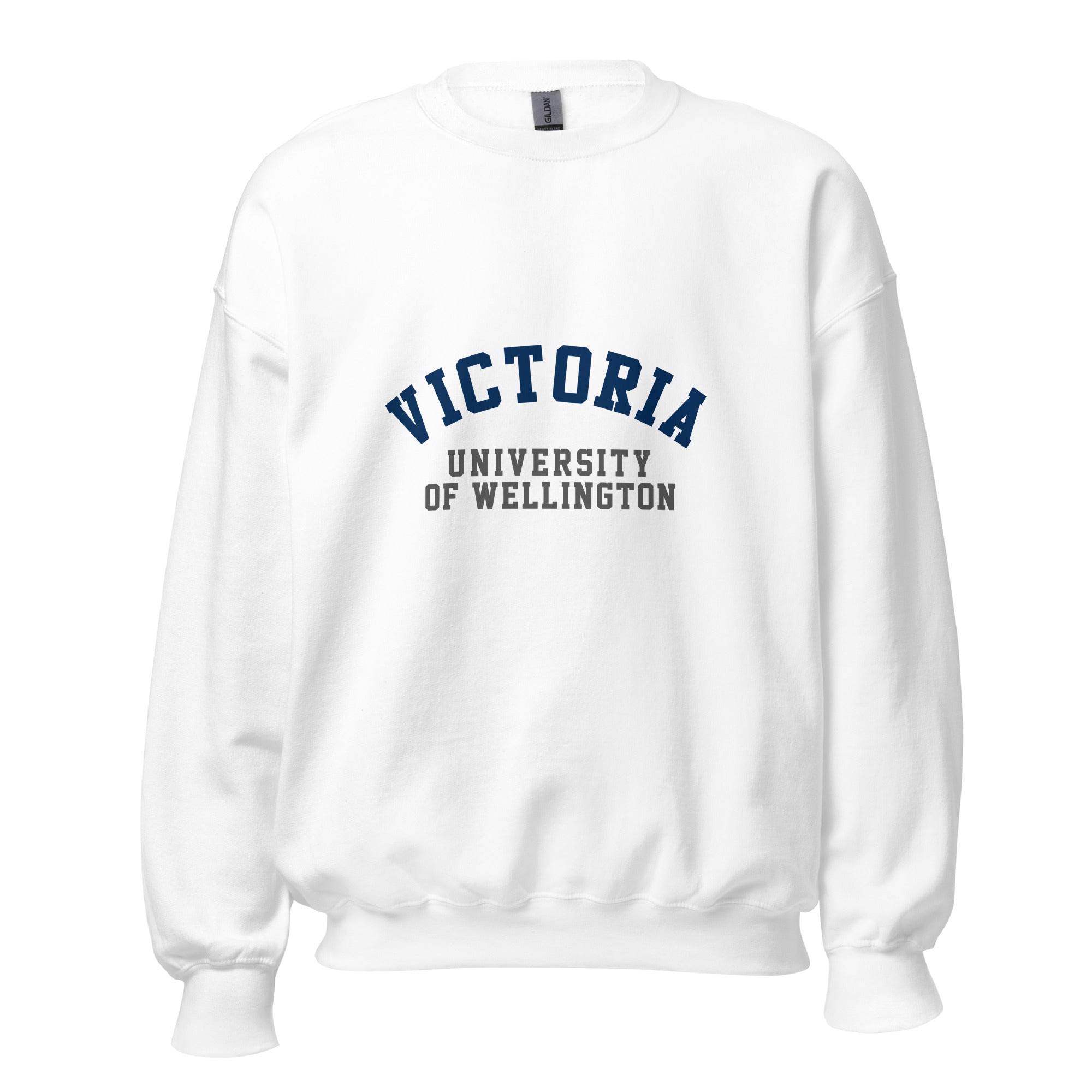 Unisex navy blue sweatshirt featuring Victoria University of Wellington logo printed across the front chest