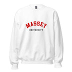Unisex navy blue sweatshirt featuring Massey University logo printed across the front chest