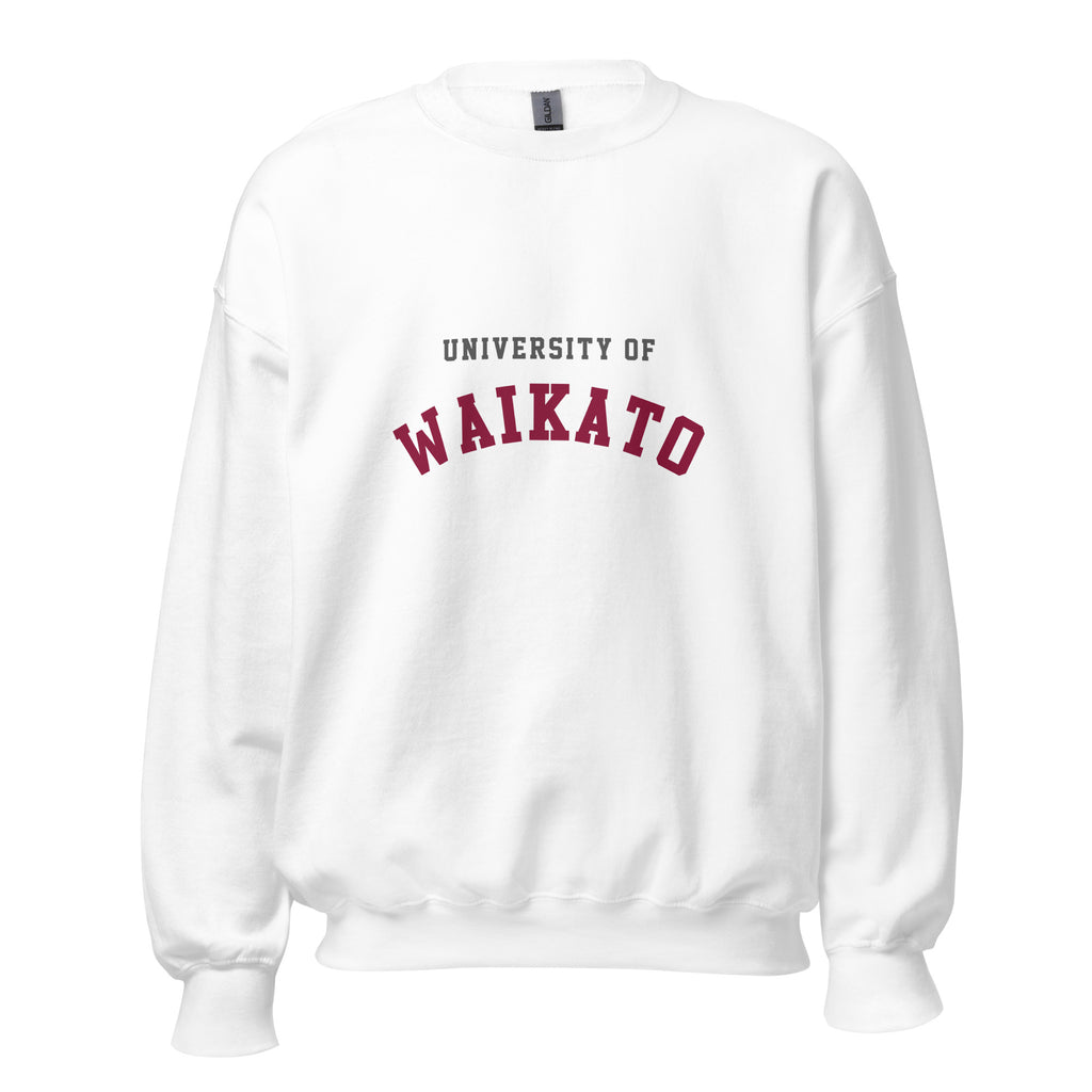 Unisex navy blue sweatshirt featuring University of Waikato logo printed across the front chest