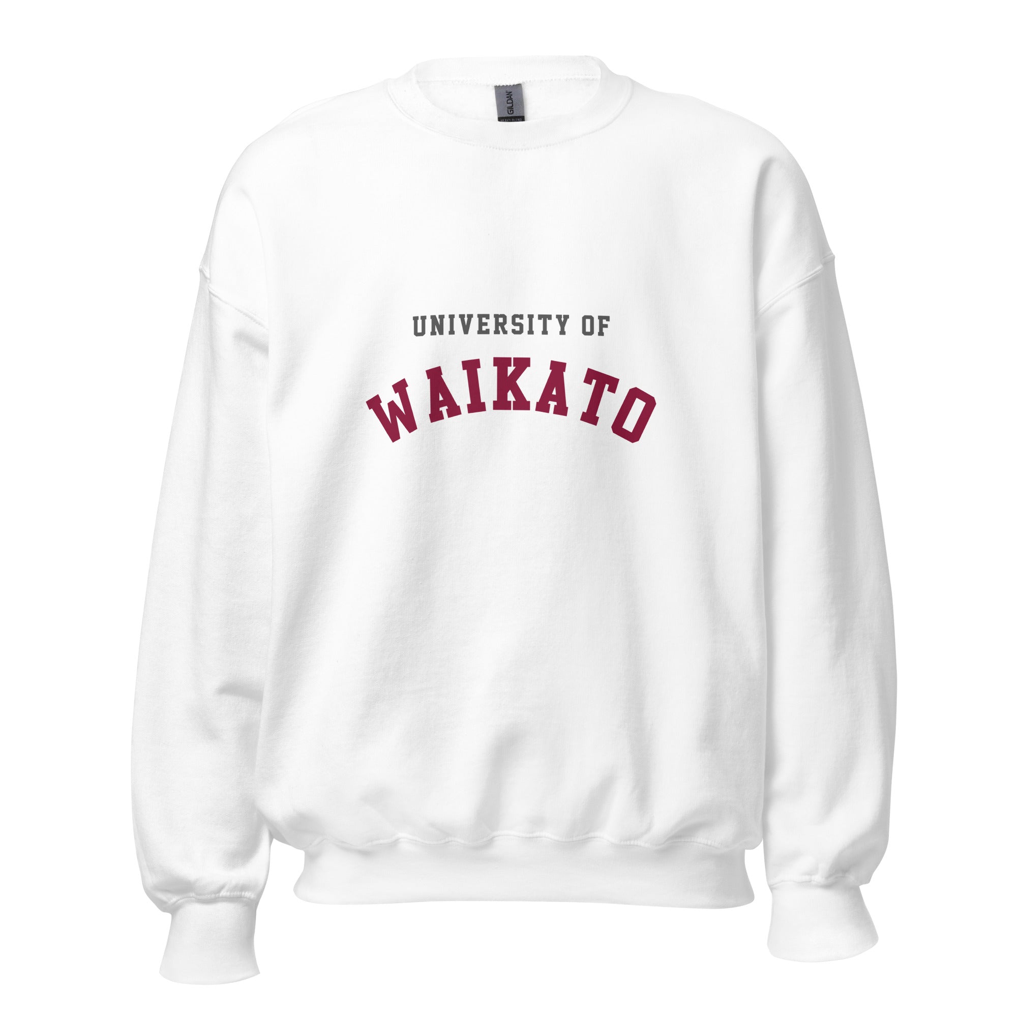 Unisex navy blue sweatshirt featuring University of Waikato logo printed across the front chest