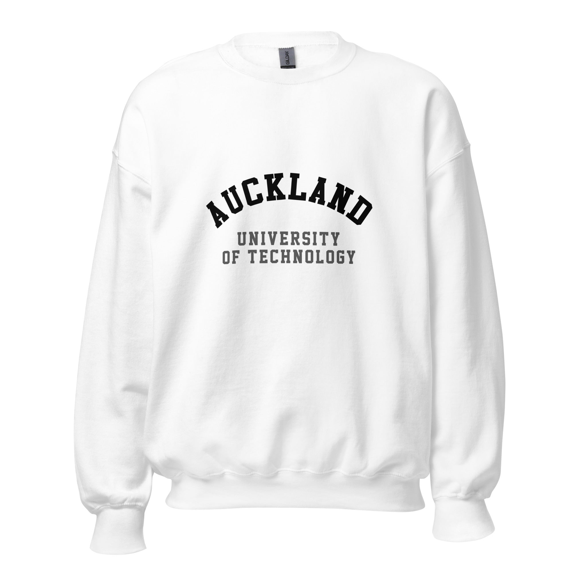 Unisex navy blue sweatshirt featuring Auckland University of Technology logo printed across the front chest