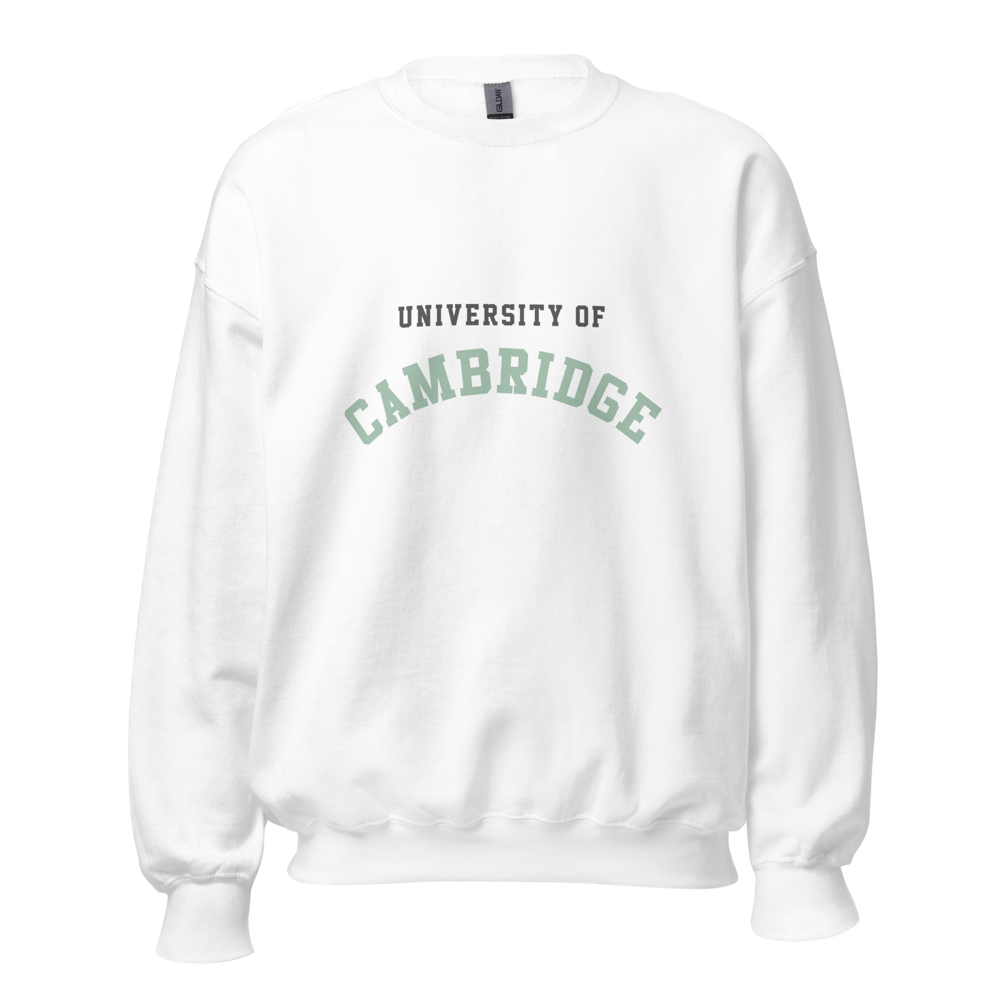 Unisex black sweatshirt featuring University of Cambridge logo printed across the front chest