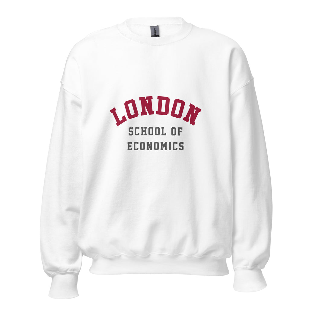 Unisex navy blue sweatshirt featuring London School of Economics logo printed across the front chest