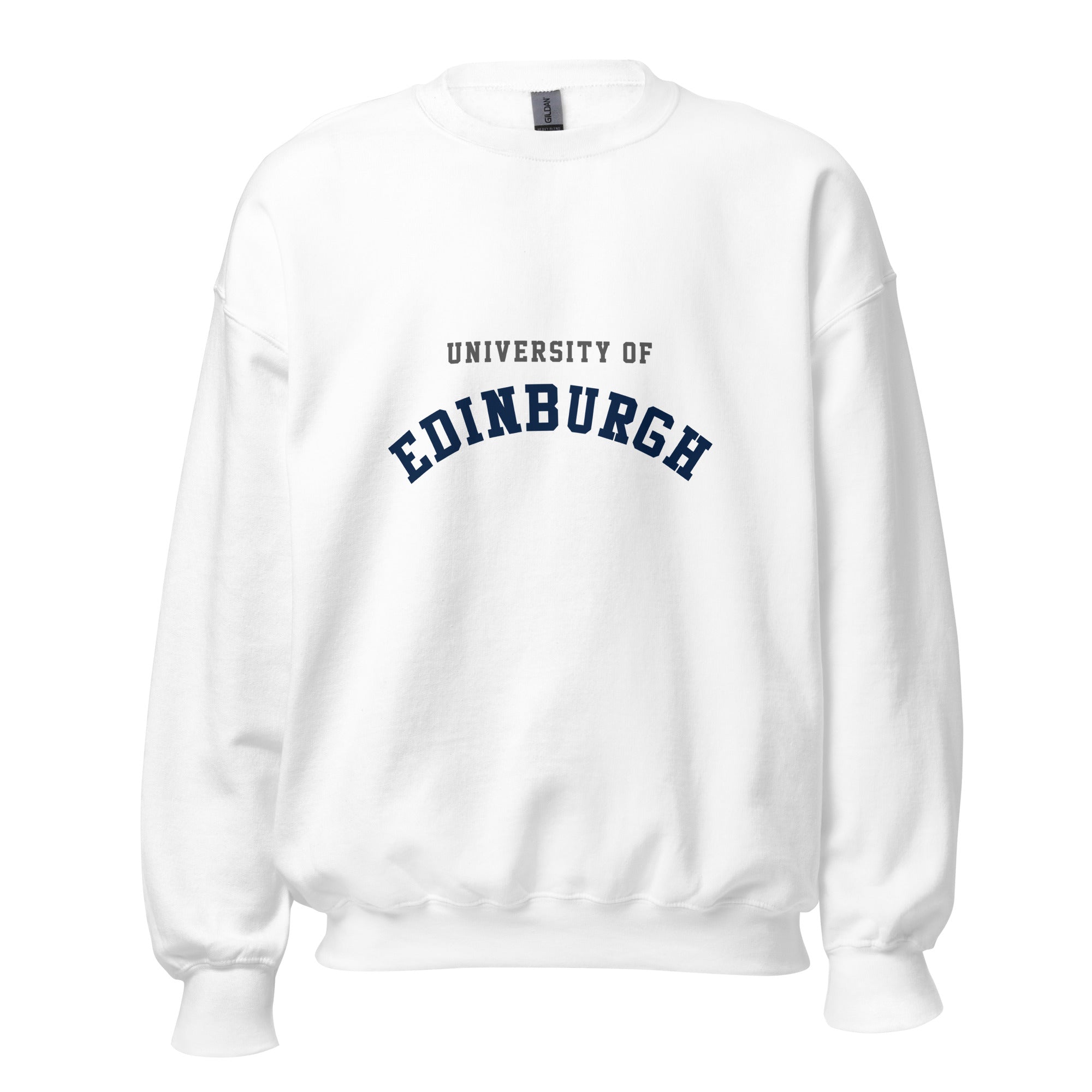 Unisex navy blue sweatshirt featuring University of Edinburgh logo printed across the front chest