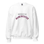 Unisex navy blue sweatshirt featuring University of Manchester logo printed across the front chest