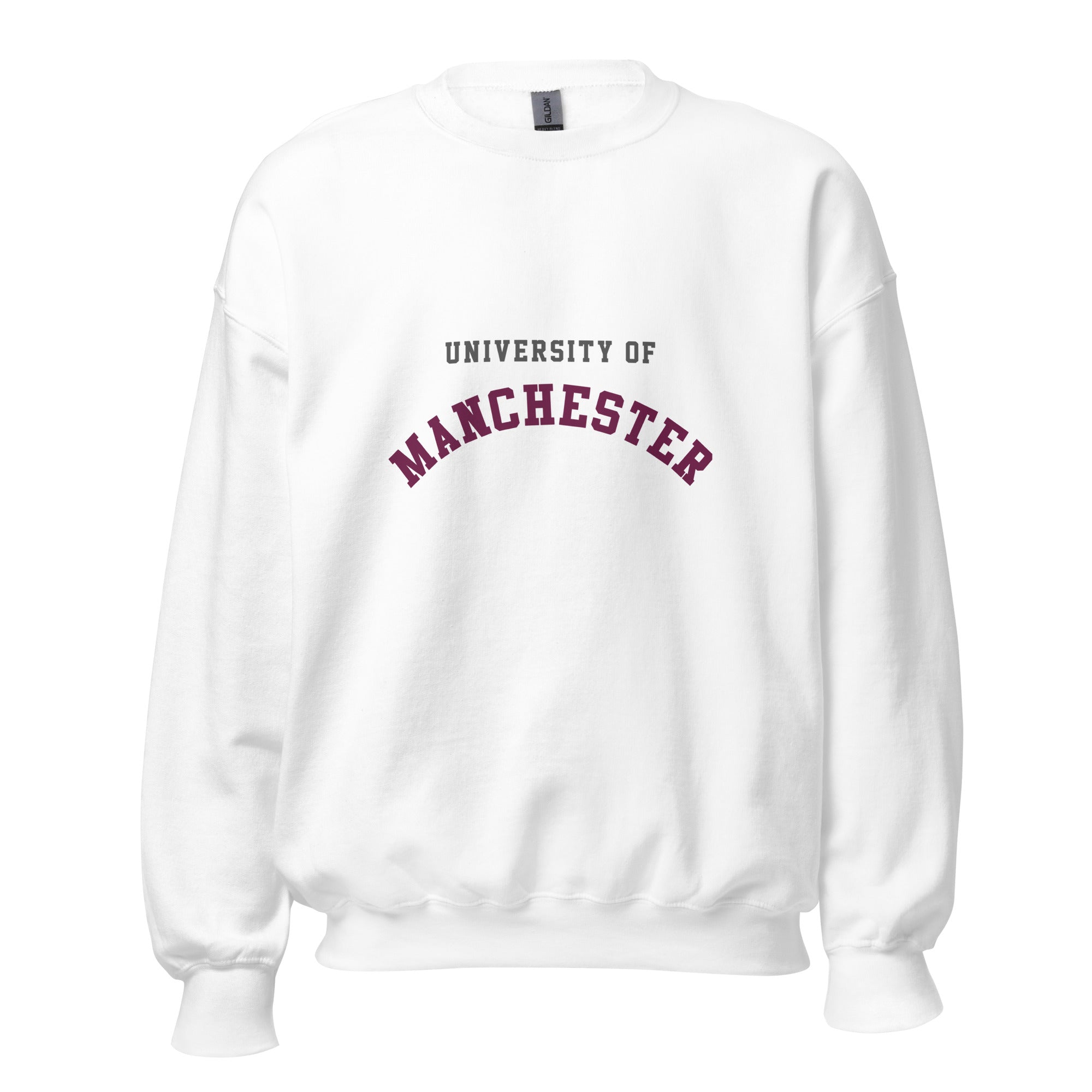 Unisex navy blue sweatshirt featuring University of Manchester logo printed across the front chest