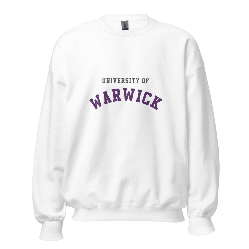 Unisex navy blue sweatshirt featuring University of Warwick logo printed across the front chest