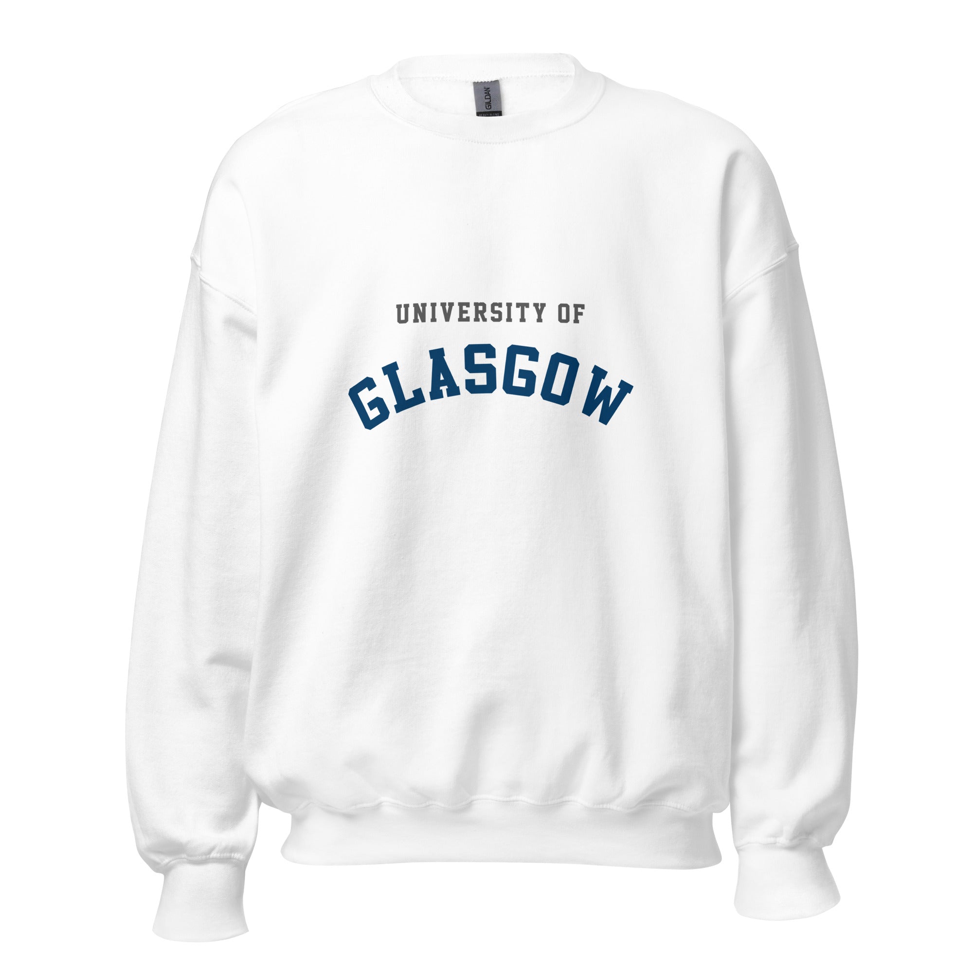 Unisex navy blue sweatshirt featuring University of Glasgow logo printed across the front chest