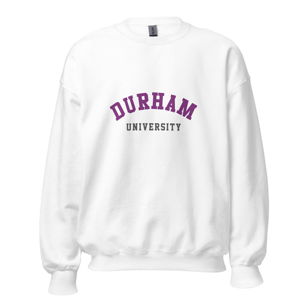 Unisex navy blue sweatshirt featuring Durham University logo printed across the front chest