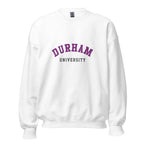 Unisex navy blue sweatshirt featuring Durham University logo printed across the front chest