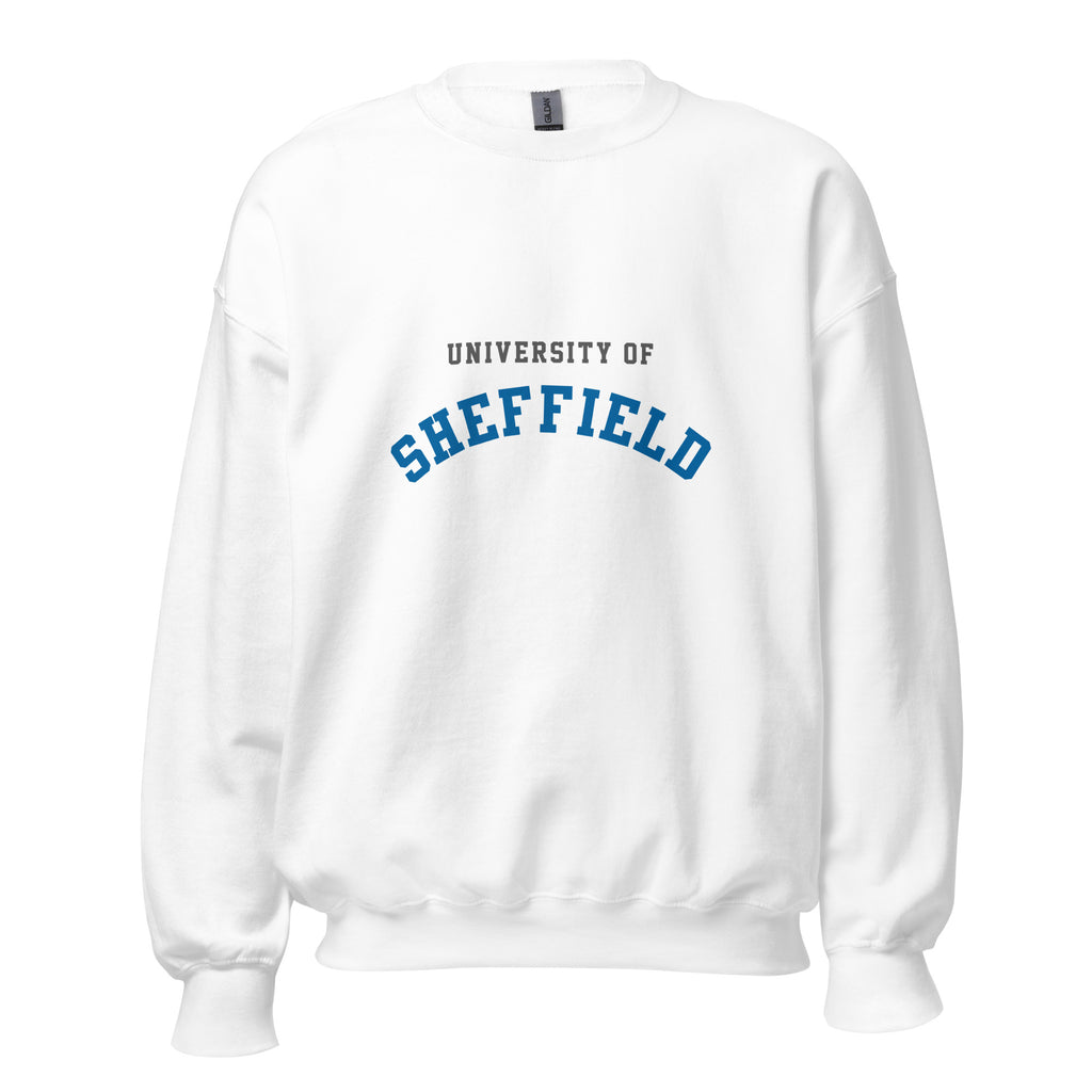 Unisex black sweatshirt featuring University of Sheffield logo printed across the front chest