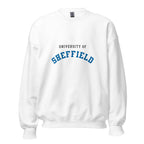 Unisex black sweatshirt featuring University of Sheffield logo printed across the front chest