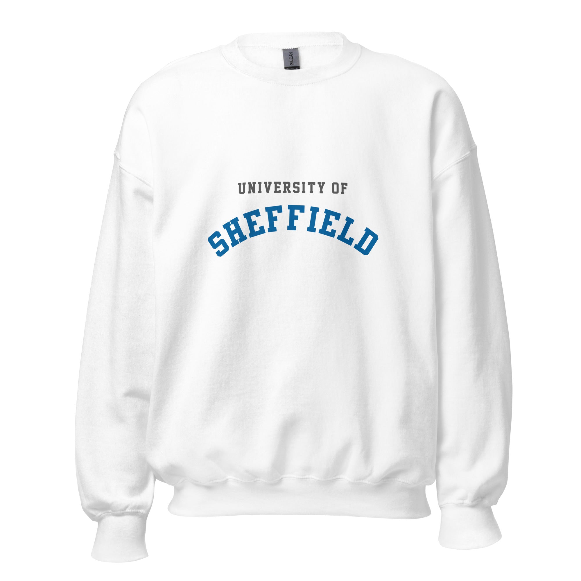 Unisex black sweatshirt featuring University of Sheffield logo printed across the front chest