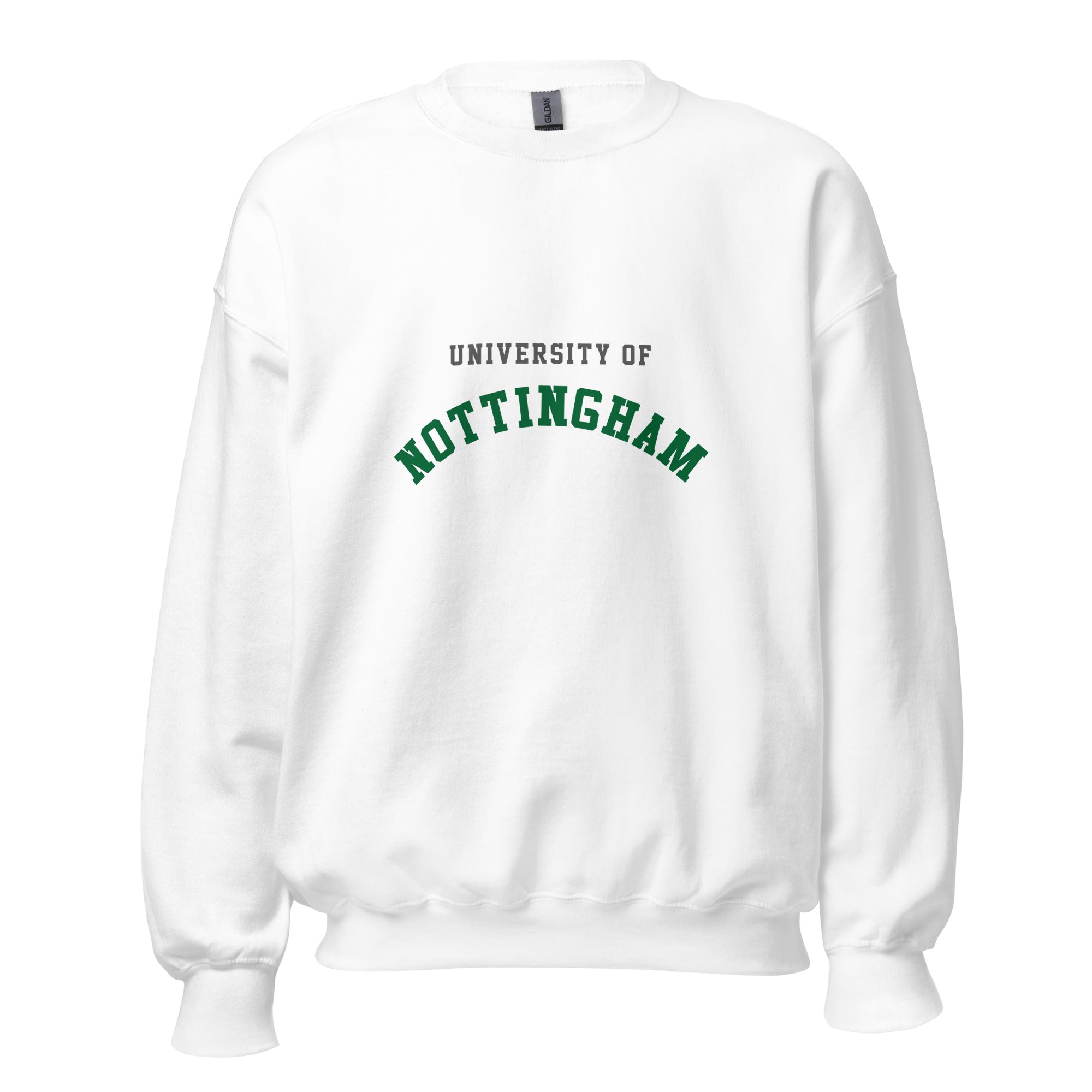 Unisex navy blue sweatshirt featuring University of Nottingham logo printed across the front chest