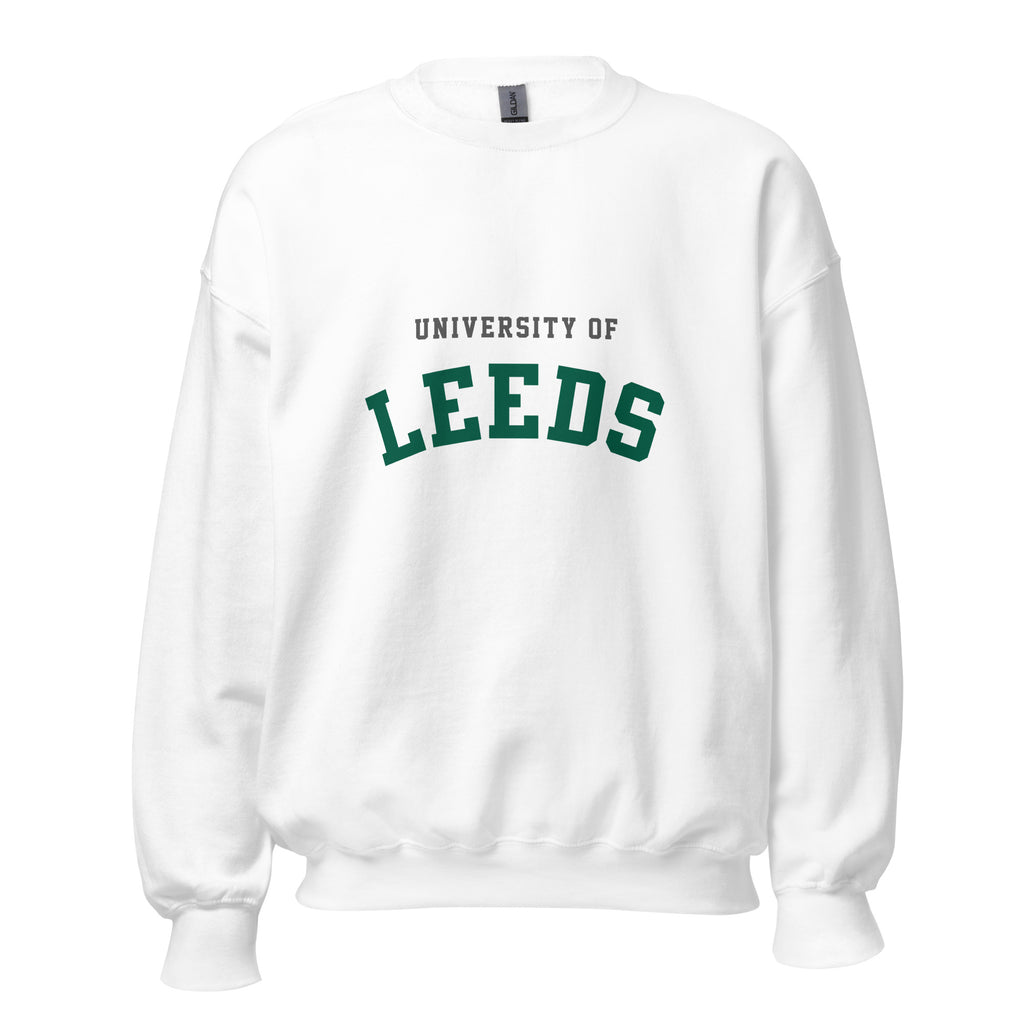 Unisex black sweatshirt featuring University of Leeds logo printed across the front chest