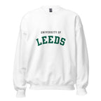 Unisex black sweatshirt featuring University of Leeds logo printed across the front chest