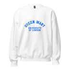 Unisex navy blue sweatshirt featuring Queen Mary University of London logo printed across the front chest