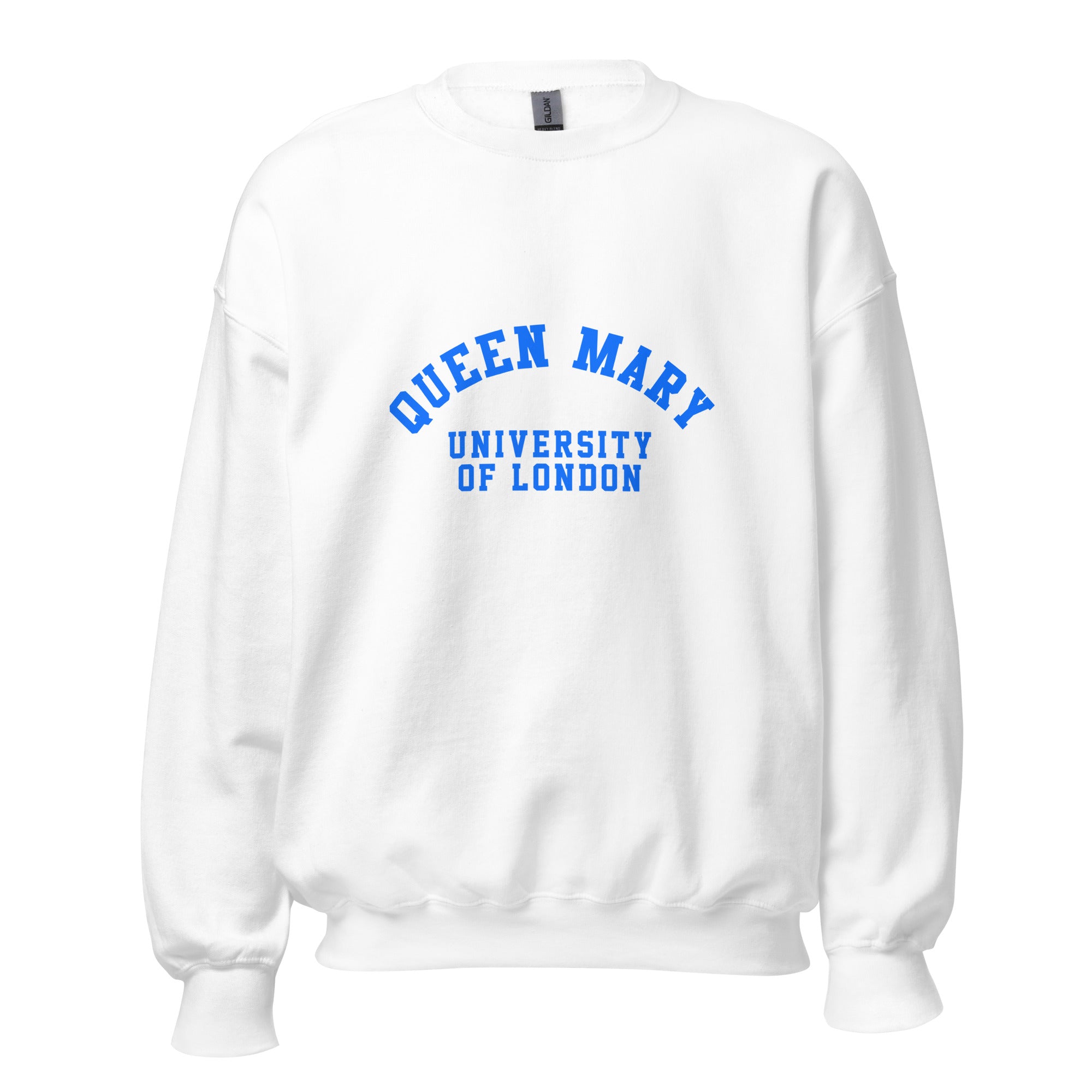 Unisex navy blue sweatshirt featuring Queen Mary University of London logo printed across the front chest