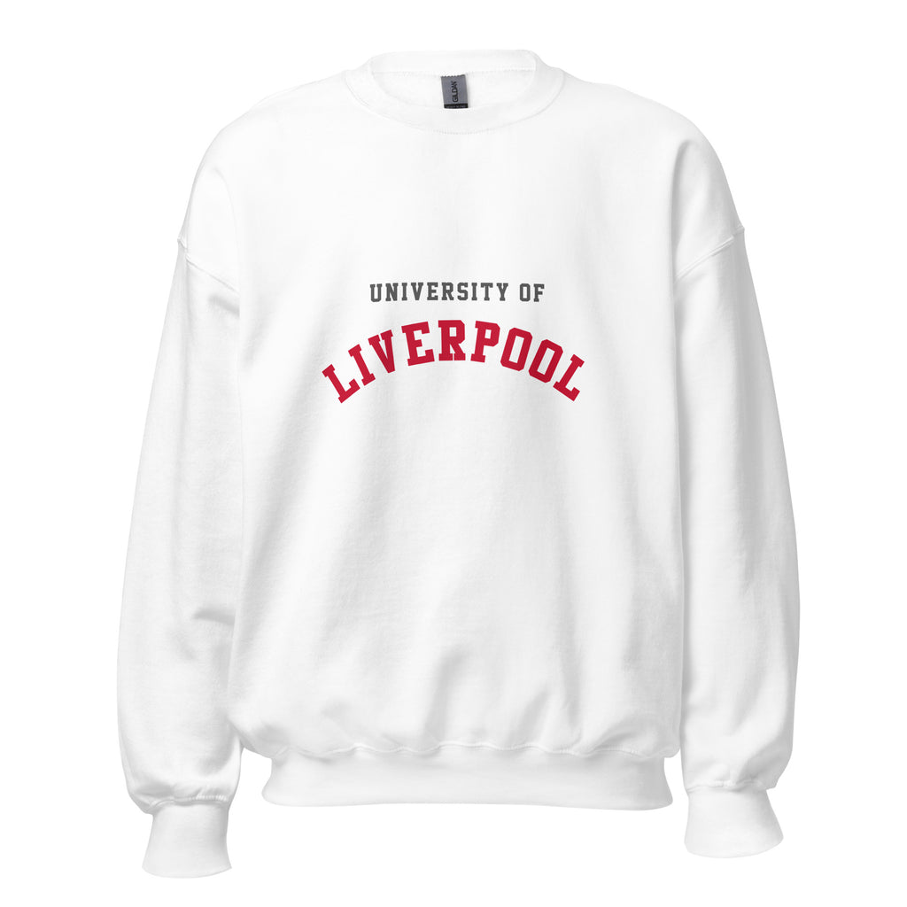Unisex navy blue sweatshirt featuring University of Liverpool logo printed across the front chest