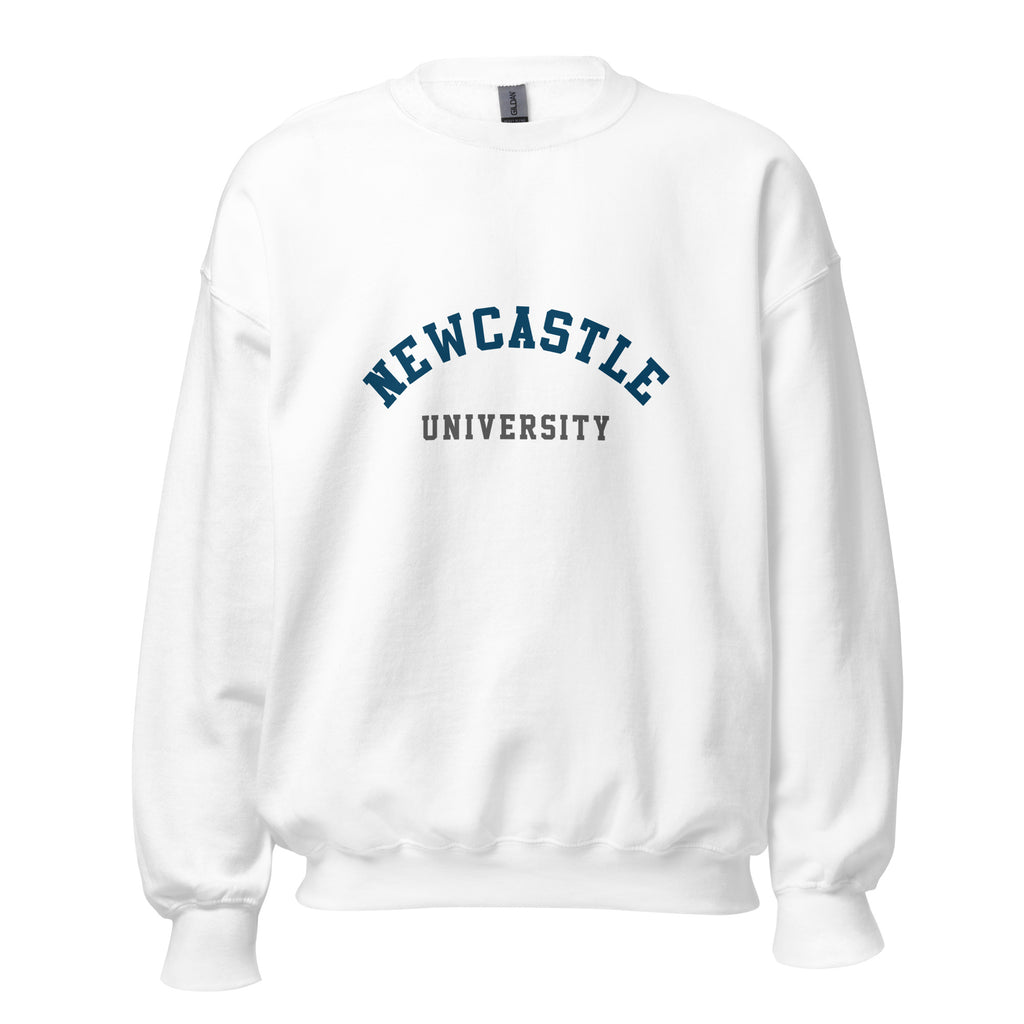 Unisex navy blue sweatshirt featuring Newcastle University logo printed across the front chest