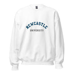 Unisex navy blue sweatshirt featuring Newcastle University logo printed across the front chest