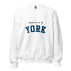 Unisex navy blue sweatshirt featuring University of York logo printed across the front chest