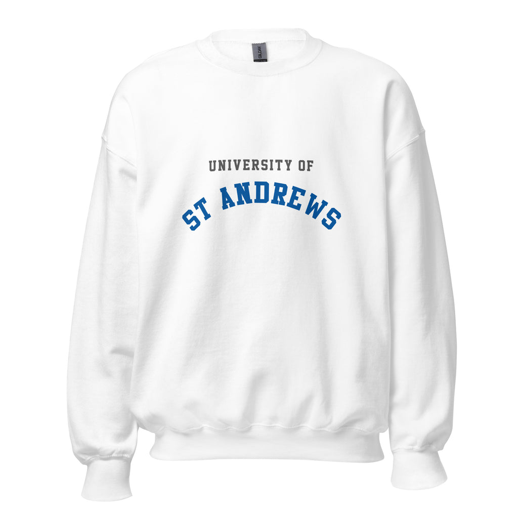 Unisex navy blue sweatshirt featuring University of St Andrews logo printed across the front chest