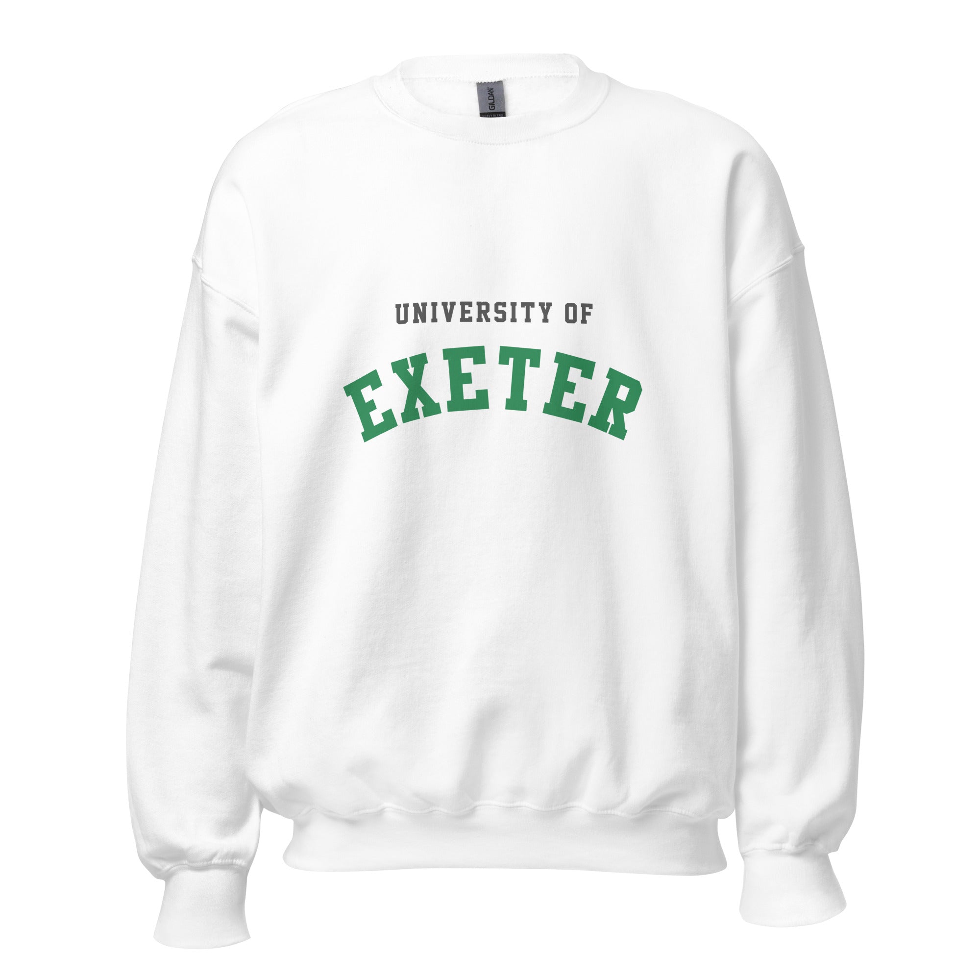 Unisex navy blue sweatshirt featuring University of Exeter logo printed across the front chest
