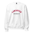 Unisex navy blue sweatshirt featuring Lancaster University logo printed across the front chest