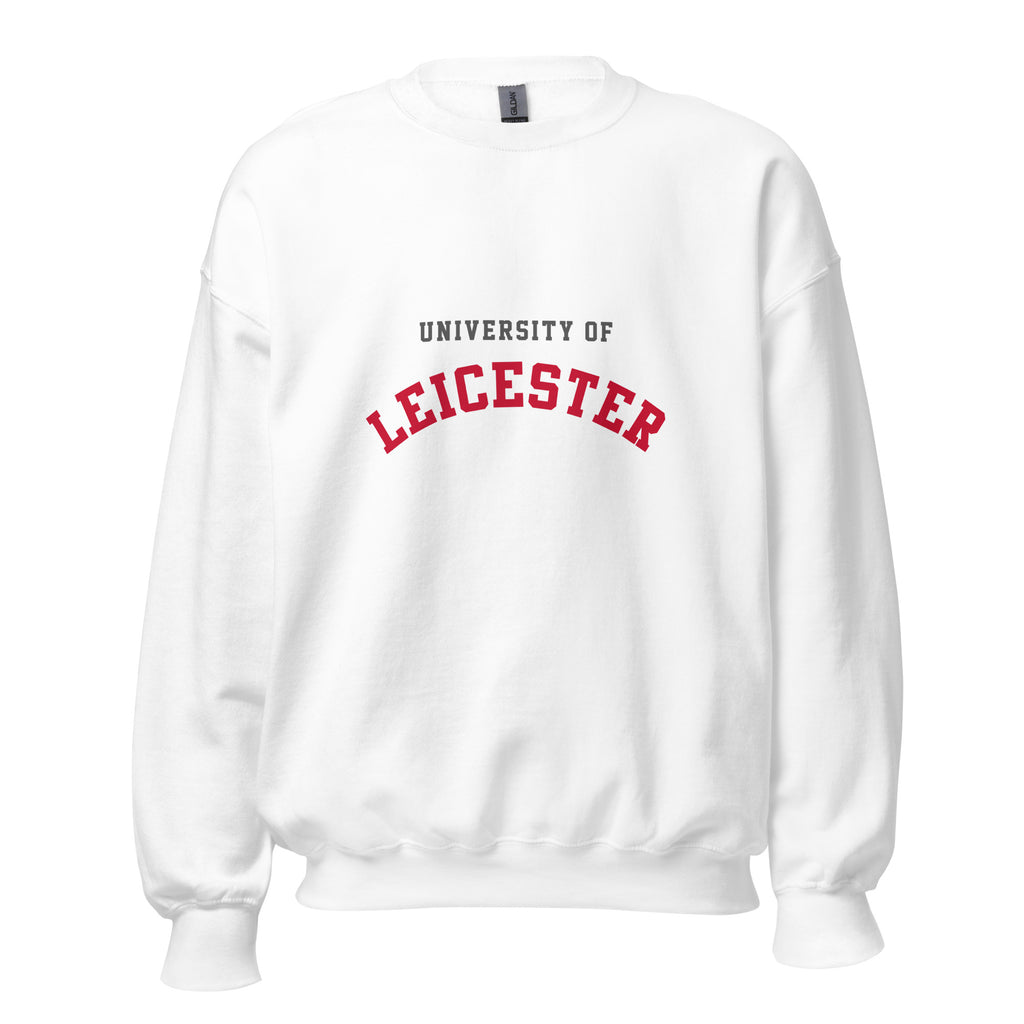 Unisex navy blue sweatshirt featuring University of Leicester logo printed across the front chest