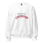 Unisex navy blue sweatshirt featuring University of Leicester logo printed across the front chest