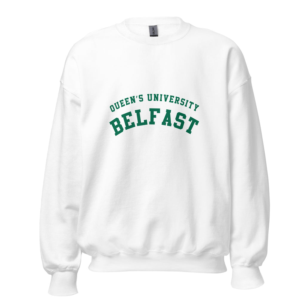Unisex navy blue sweatshirt featuring Queen's University Belfast logo printed across the front chest