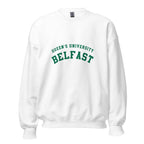 Unisex navy blue sweatshirt featuring Queen's University Belfast logo printed across the front chest